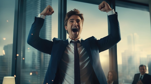 Portrait of excited young businessman celebrating success in office Success concept