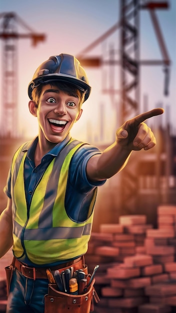 Portrait of an excited young male builder pointing