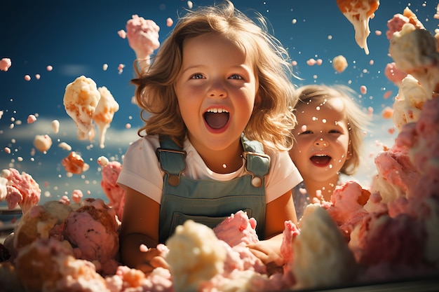 portrait of exciting preschool child with ice cream in summer