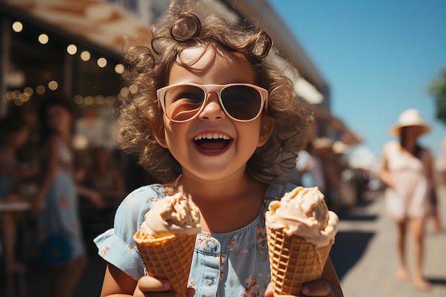 portrait of exciting preschool child with ice cream in summer