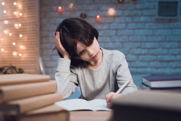 Portrait Extremely Tired Schoolboy Doing Homework