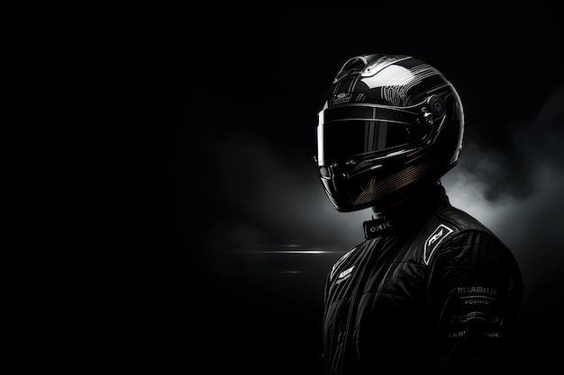 Portrait of F1 driver wearing helmet formula one pilot standing on race track after competition