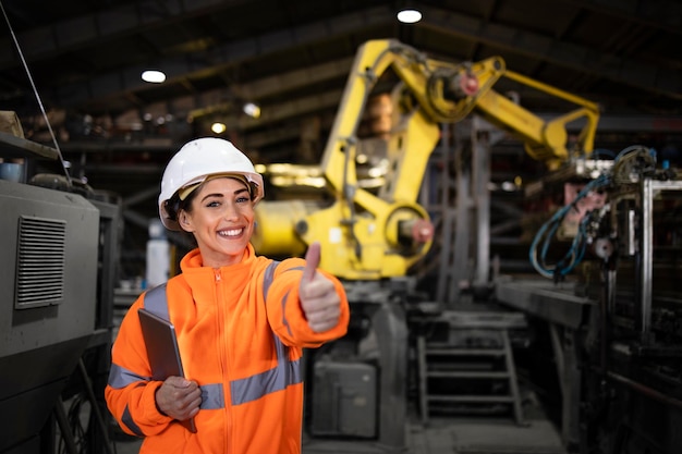 Portrait of factory engineer showing thumbs up in front of the industrial robotic arm machine