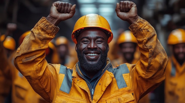 Portrait Of Factory Workers Or Engineers Holding Helmets And Raising Hands In Triumph