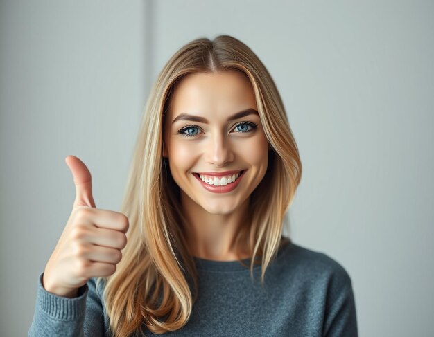 Portrait of fairhaired beautiful female woman with broad smile and thumbs up