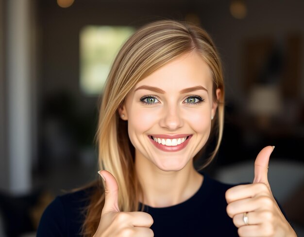 Portrait of fairhaired beautiful female woman with broad smile and thumbs up