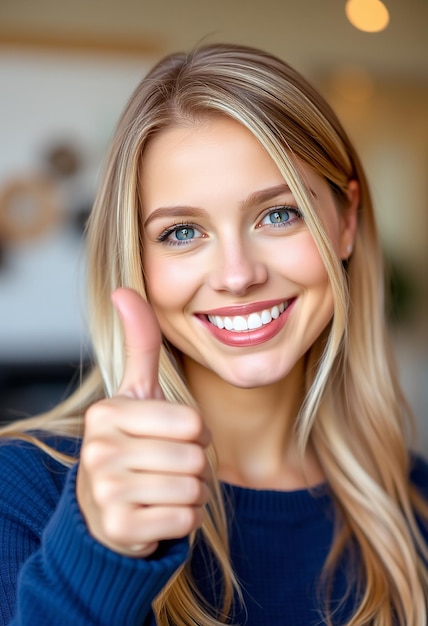 Portrait of fairhaired beautiful female woman with broad smile and thumbs up