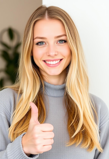 Portrait of fairhaired beautiful female woman with broad smile and thumbs up