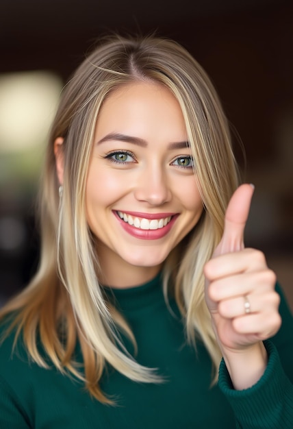 Portrait of fairhaired beautiful female woman with broad smile and thumbs up