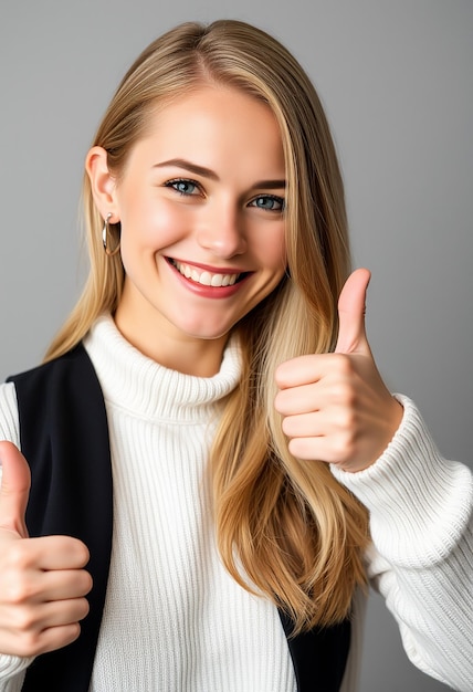 Portrait of fairhaired beautiful female woman with broad smile and thumbs up