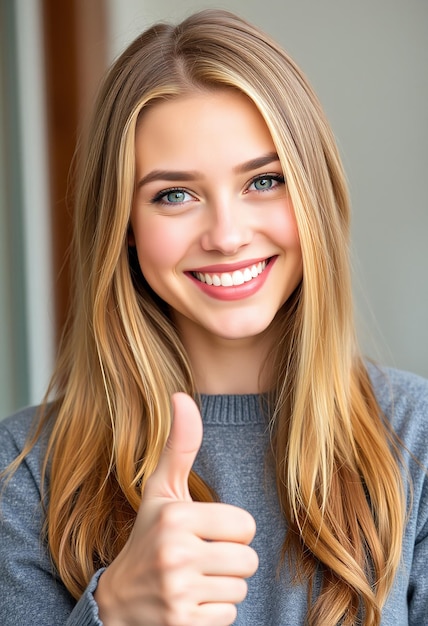 Portrait of fairhaired beautiful female woman with broad smile and thumbs up