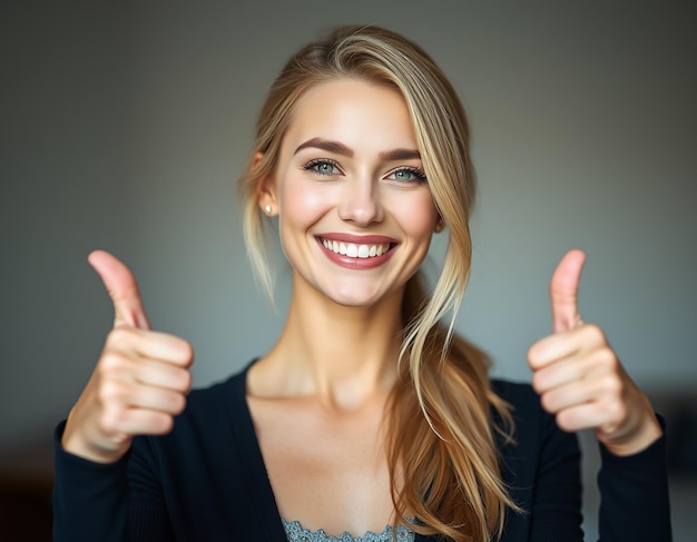 Portrait of fairhaired beautiful female woman with broad smile and thumbs up