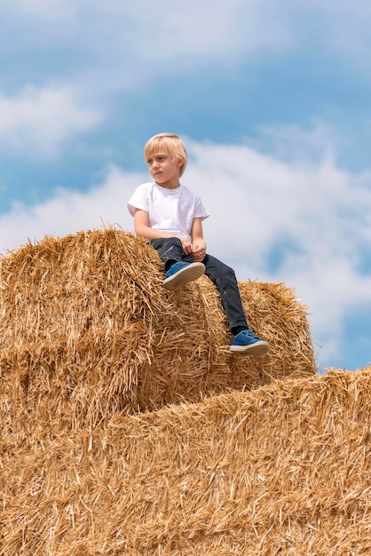 Portrait of fairhaired boy on the haystack against the blue sky and clouds Summer weekend in the village