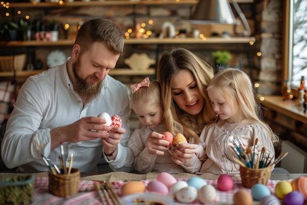 Photo portrait of family painting traditional easter eggs in different colors at home