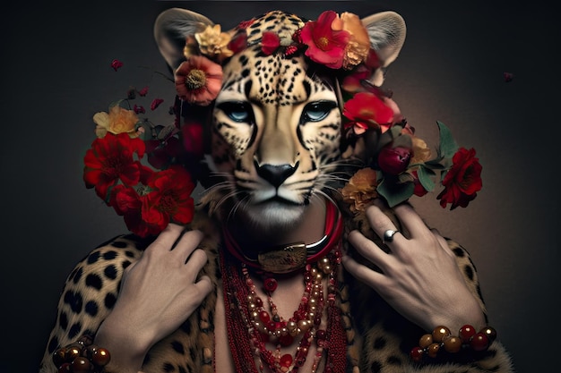 Portrait of a fashion cheetah wearing flowers and jewels on a dark background Generative AI