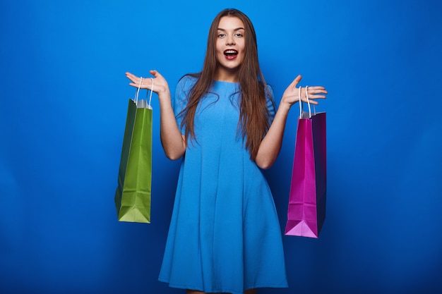 Portrait of fashion glamor stylish woman with shopping bags