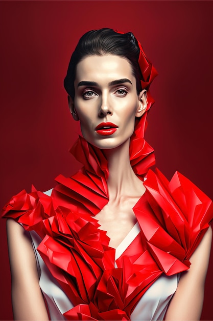 Portrait of a fashion model in a white and red outfit on a red background Generative AI