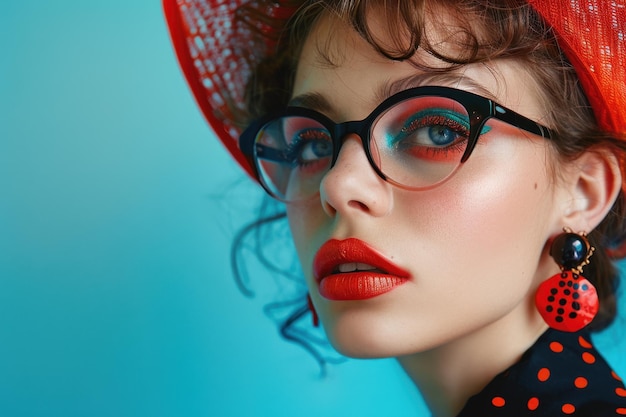 Portrait of a fashion model with striking makeup bold accessories intense gaze clean and minimalistic background magazine cover shot