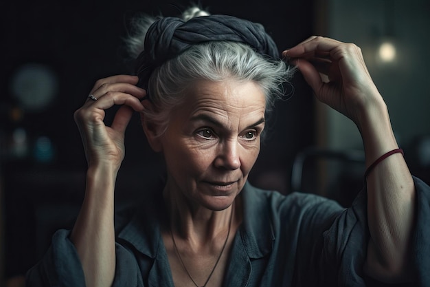 Portrait of fashionable Caucasian aged woman fixing her hairstyle