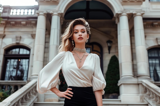 Photo portrait of fashionable lady in a silk blouse and pencil skirt adorned with statement jewelry posing in front of a grand mansion exuding power and elegance