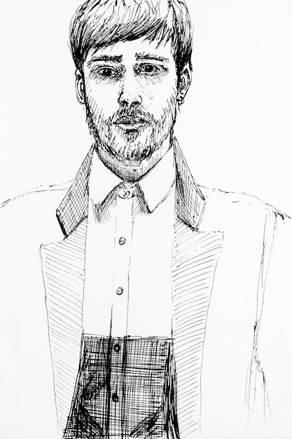 Portrait of fashionable young man Drawing by hand with black ink on paper Black and white artwork