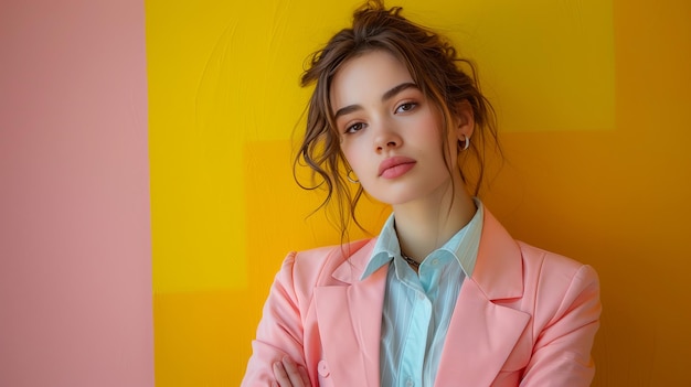 Portrait of a fashionable young woman wearing a pink suit yellow wall copy space