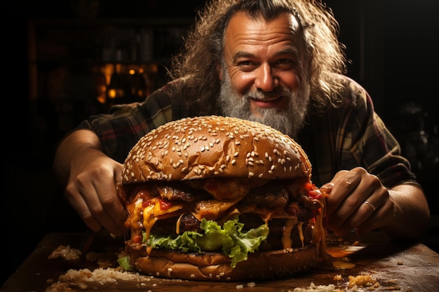 portrait of fat funny man eating big tasty burger