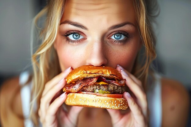 Portrait of fat funny woman eating big tasty burger