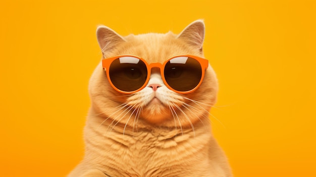 Portrait of a fat orange scottish fold cat wearing glasses