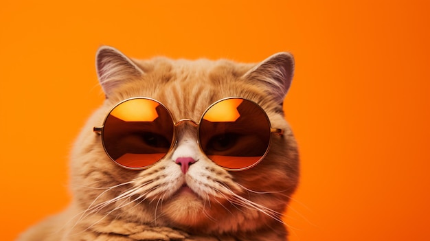 Portrait of a fat orange scottish fold cat wearing glasses