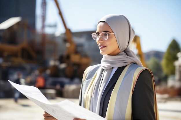 Photo portrait of female architect in hidjab smiling constructor worker muslim woman