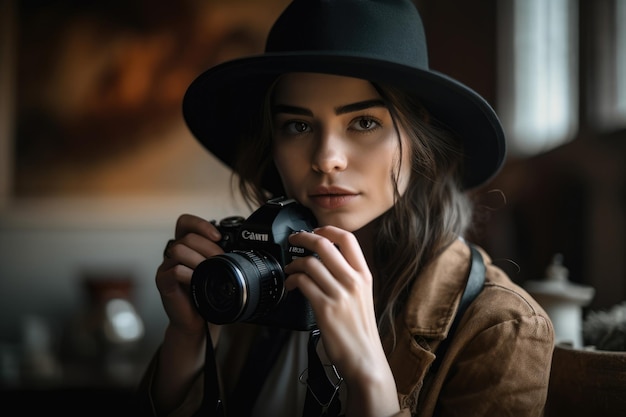 Portrait of a female artist holding a camera and wearing a hat capturing the essence