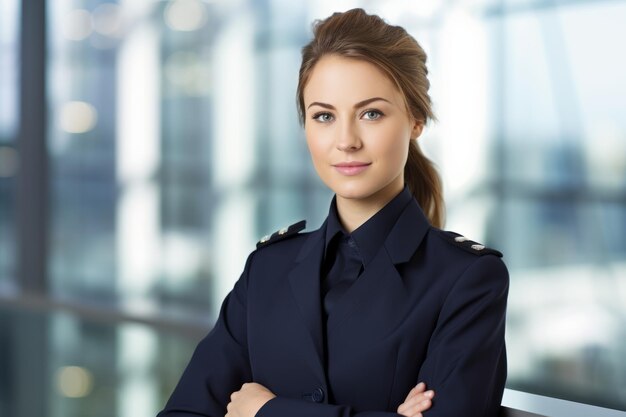 Photo a portrait of a female briefing officer dressed in navy blue uniform