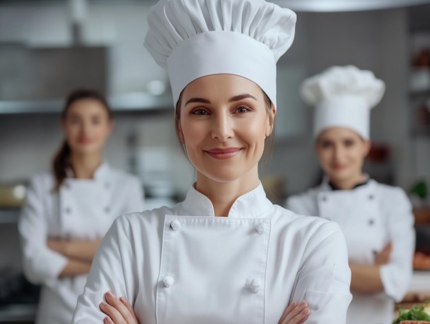 Photo portrait of a female chef and her team in a commercial kitchen at a restaurant