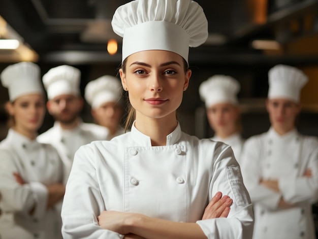 Photo portrait of a female chef and her team in a commercial kitchen at a restaurant