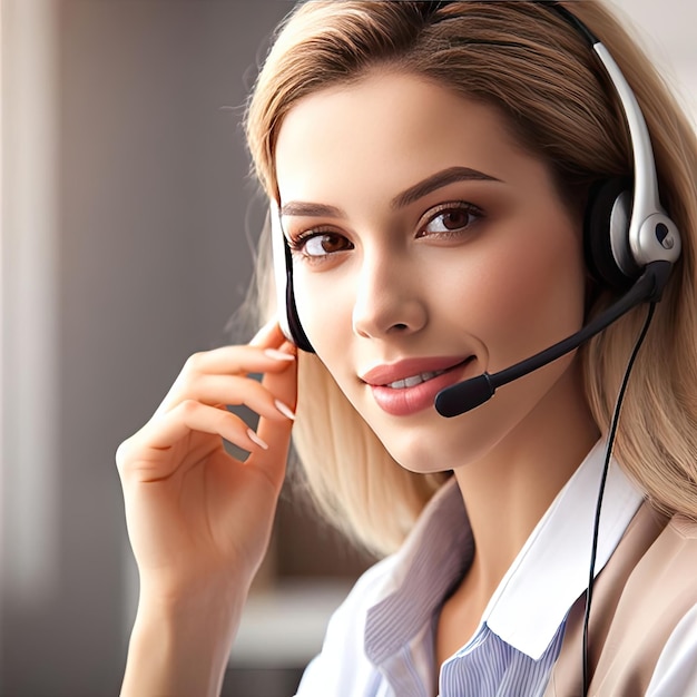 Portrait of a female customer service representative call center operator with a headphone