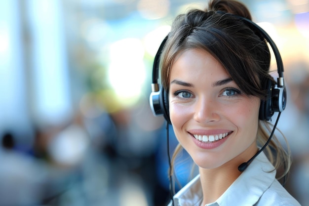 Photo portrait of a female customer service representative smiling and wearing a headset bright modern office background