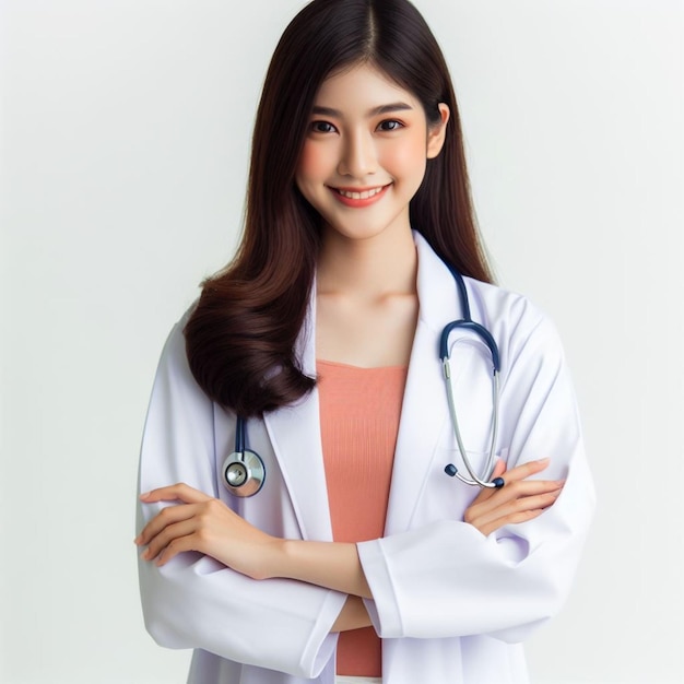 Portrait of female Cute Asia doctor in medical coat standing on isolated white background