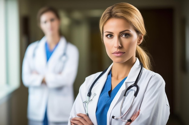 Portrait of a female dentist with her patient in the background created with generative ai