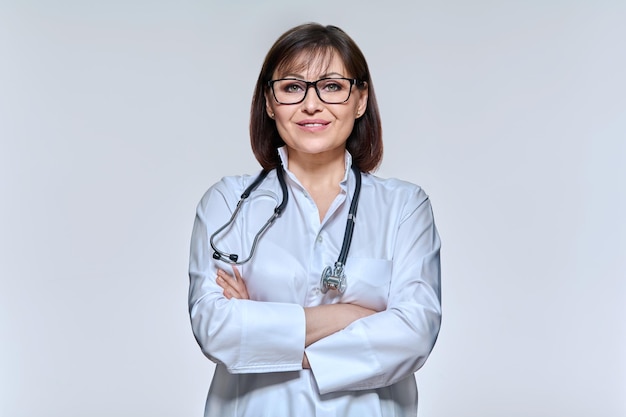 Portrait of female doctor looking at camera on light studio background