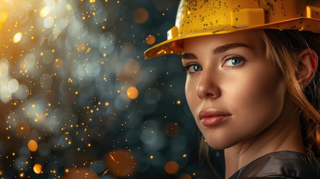 Portrait of female engineer wearing yellow hard hat with bokeh background