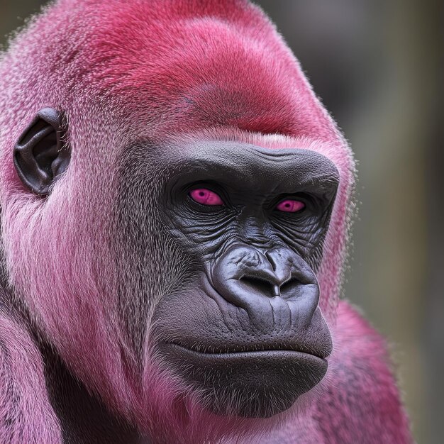 Portrait of a female gorilla with pink eyes and pink lips