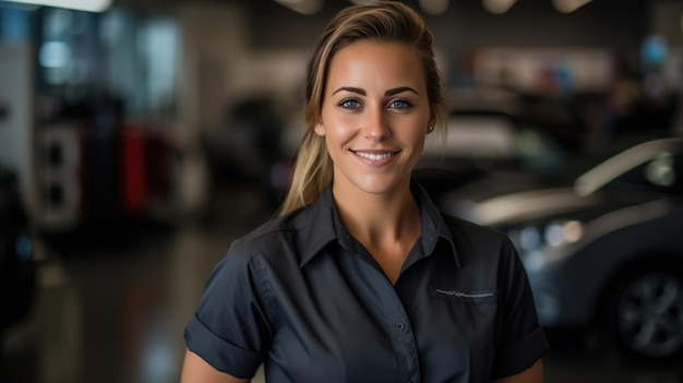 Portrait of a female mechanic in a car service against the backdrop of cars