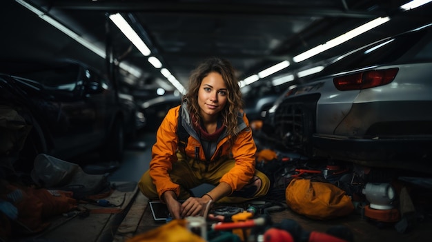 Portrait of a female mechanic sitting in a car repair shop