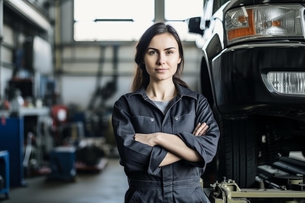 Portrait of a female mechanic working in a repair garage Generative ai