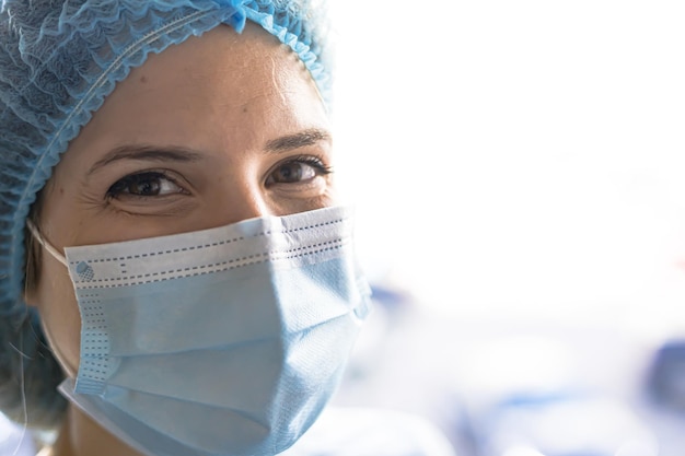 Portrait of a female medical doctor wearing a face mask and cap for patients surgery work