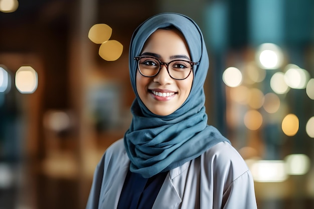 Portrait of a female Muslim doctor wearing her white coat in the hospital