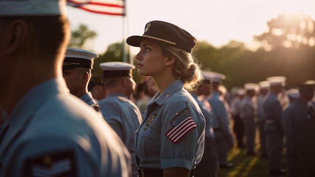 portrait of a female police officer standing in a field with american military cap portrait of