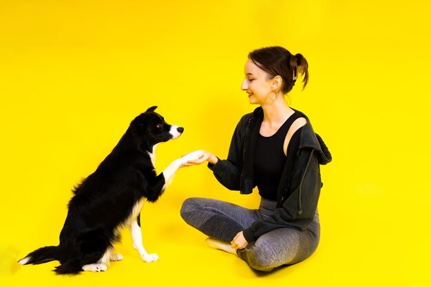 Portrait of female posing with a border collie in studio yellow and red background