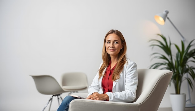 Photo portrait of female psychologist near armchair on white background isolated with white highlights